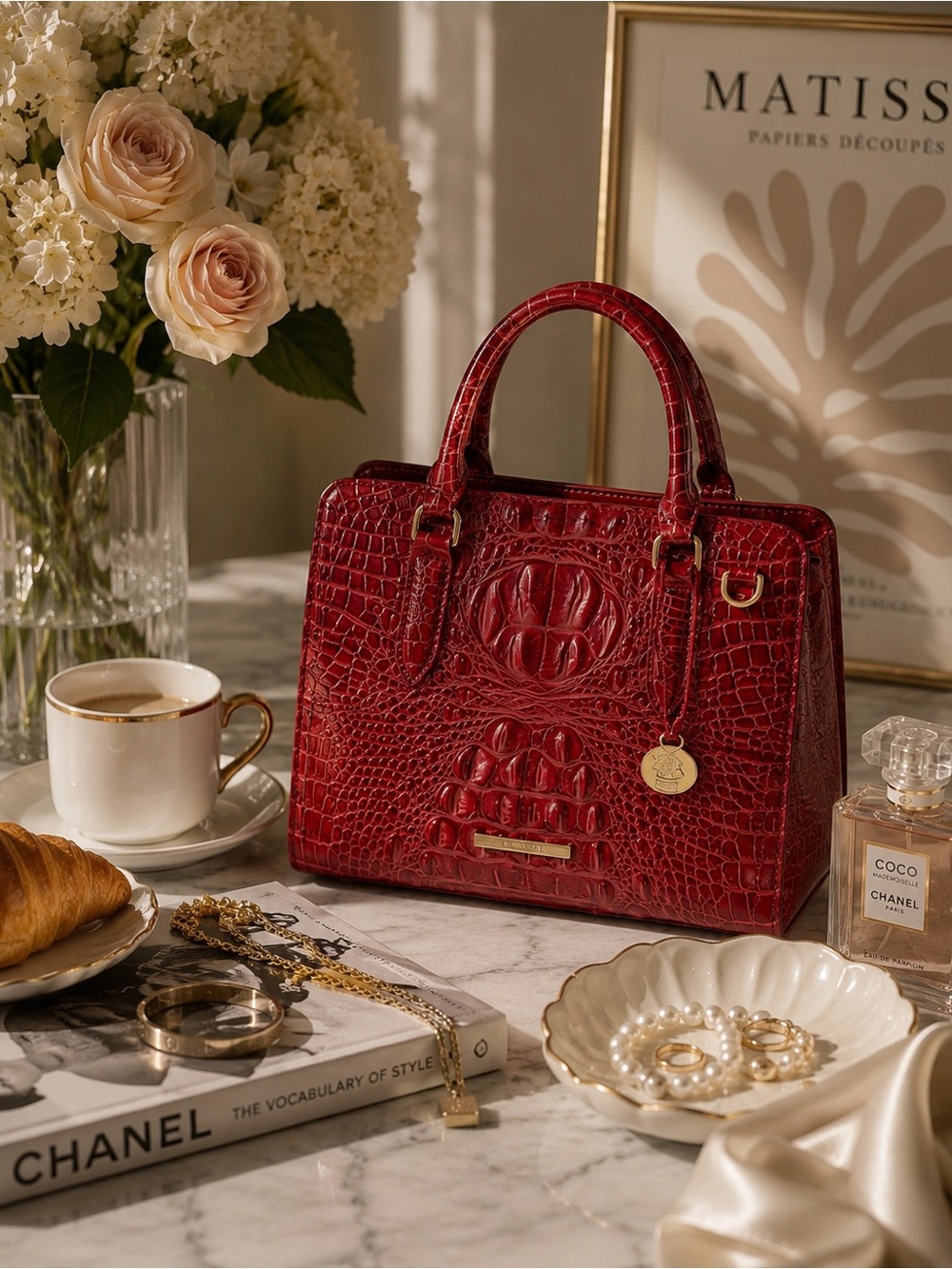 Brahmin Crimson Croc-Embossed Satchel